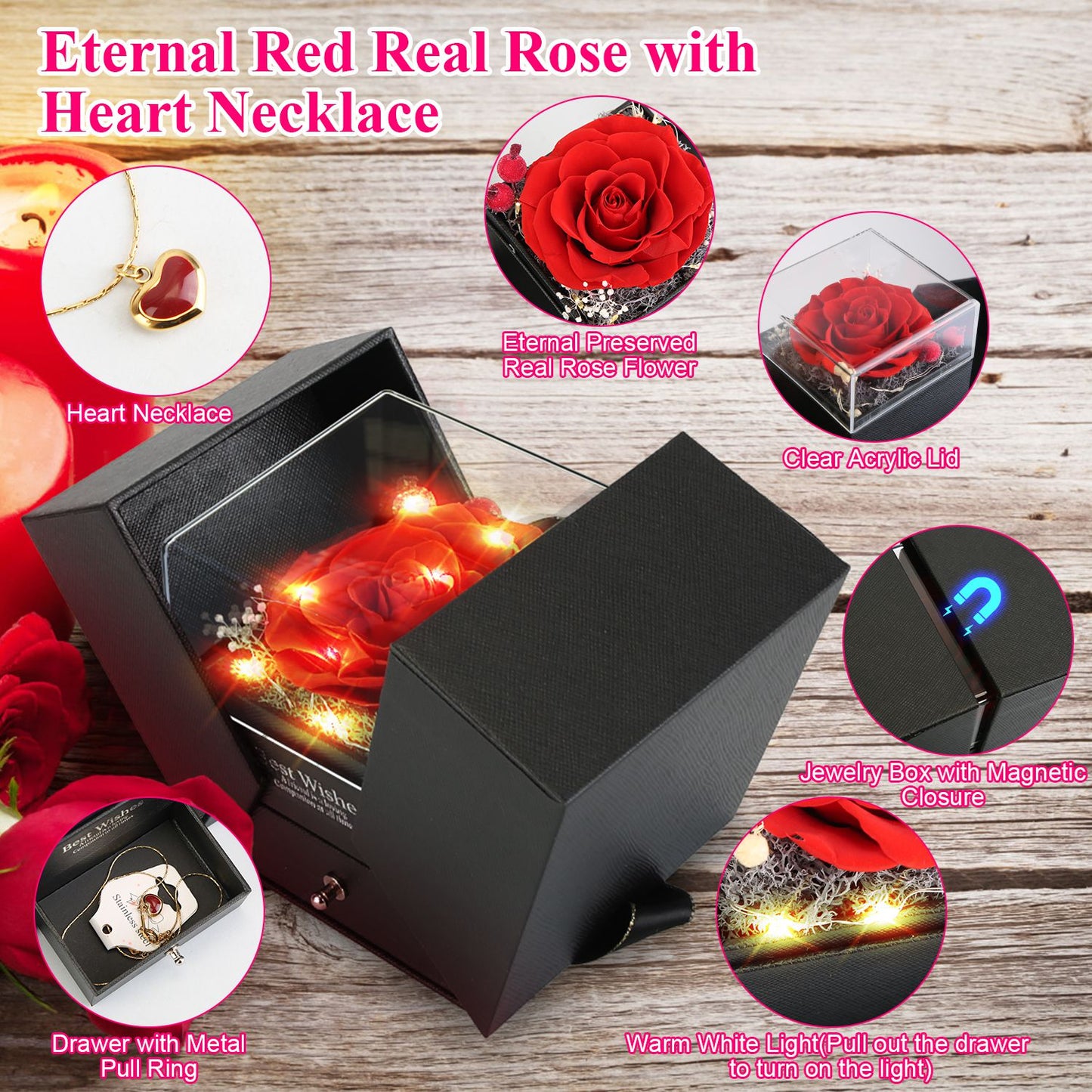 Preserved Red Real Rose With Heart Golden Necklace Eternal Flowers Rose