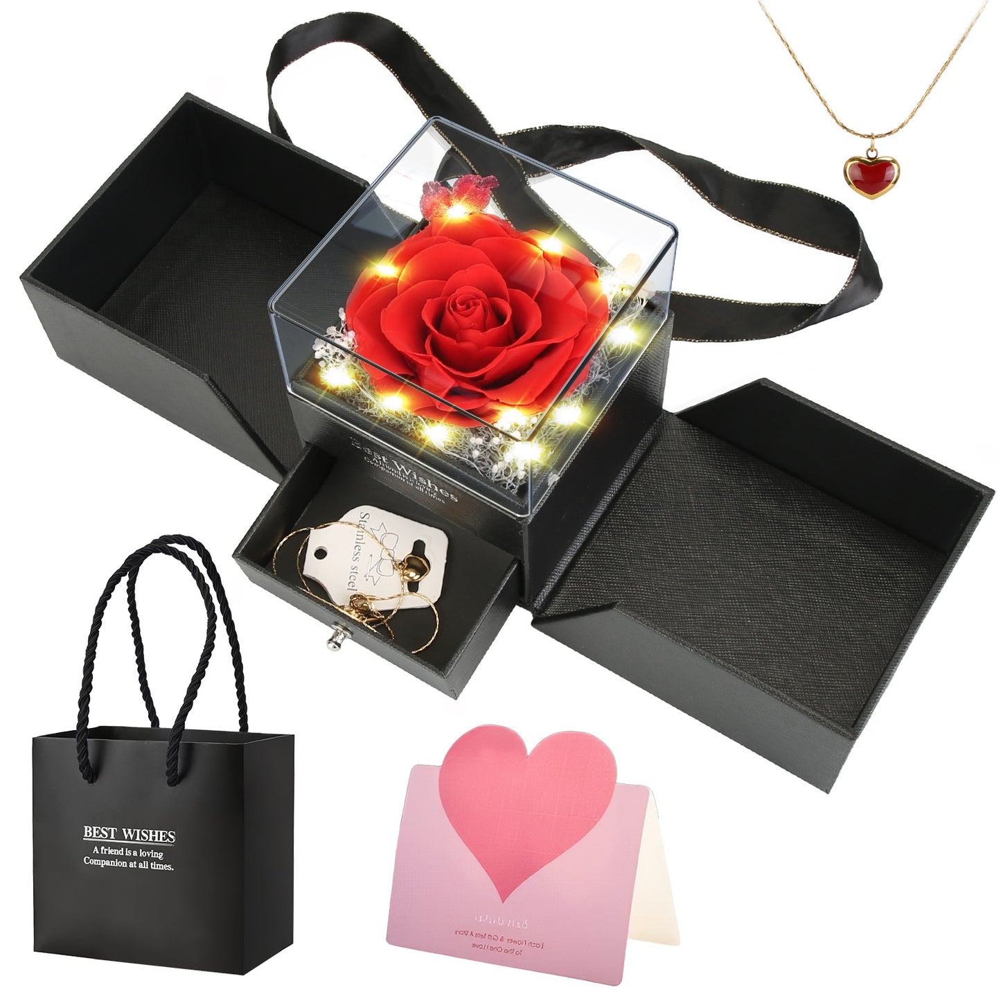Preserved Red Real Rose With Heart Golden Necklace Eternal Flowers Rose