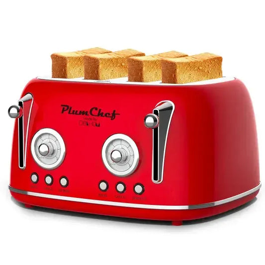 4 Slice Retro Toaster Stainless Steel Red | Wide Slot Bagel Defrost 1650W