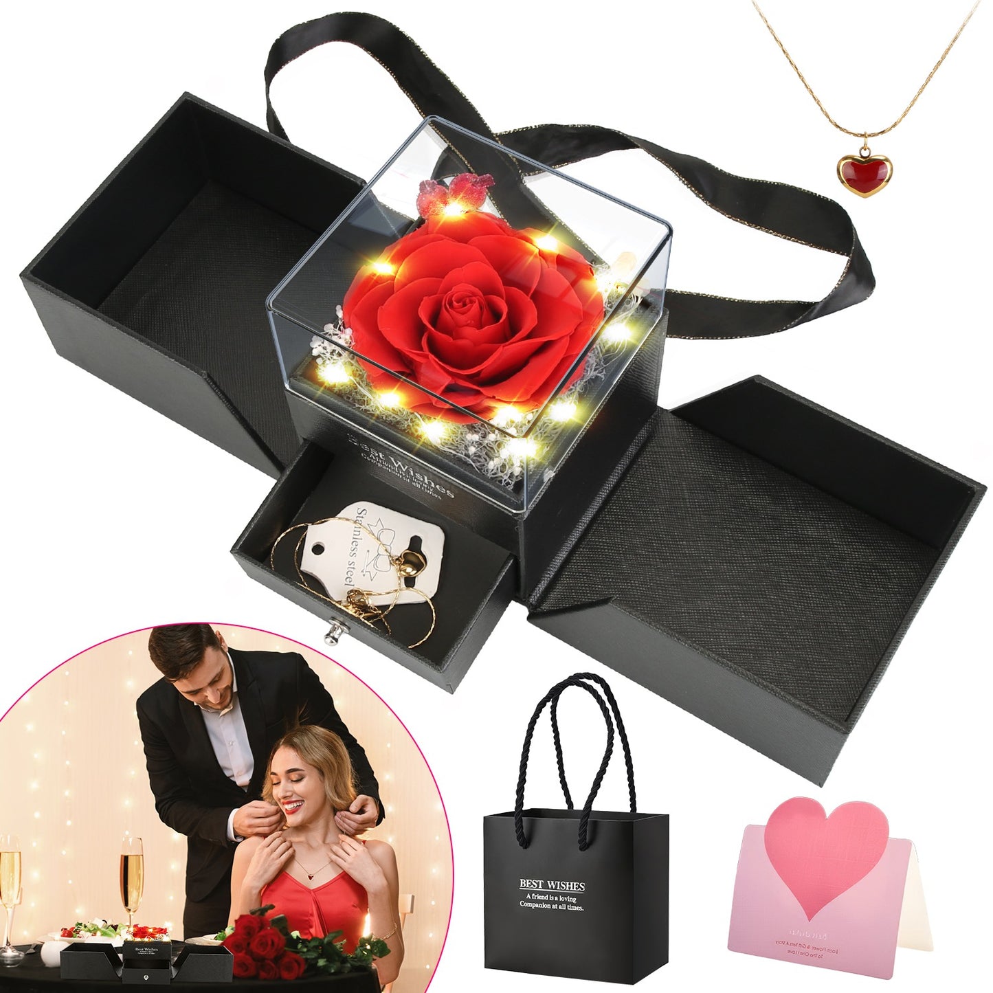 Preserved Red Real Rose With Heart Golden Necklace Eternal Flowers Rose