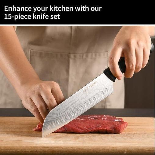 Damascus Pattern High Carbon Steel 15-Piece Kitchen Knife Set-1-ZCA-Home-Tech-Supply