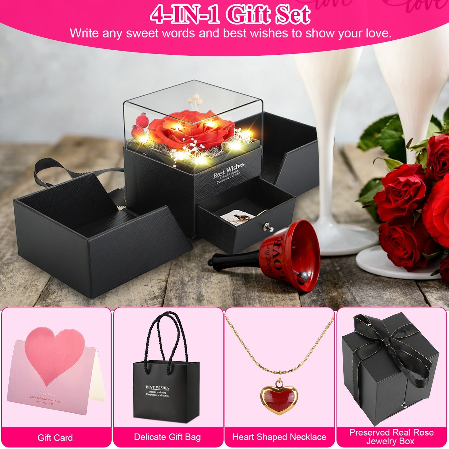 Preserved Red Real Rose With Heart Golden Necklace Eternal Flowers Rose