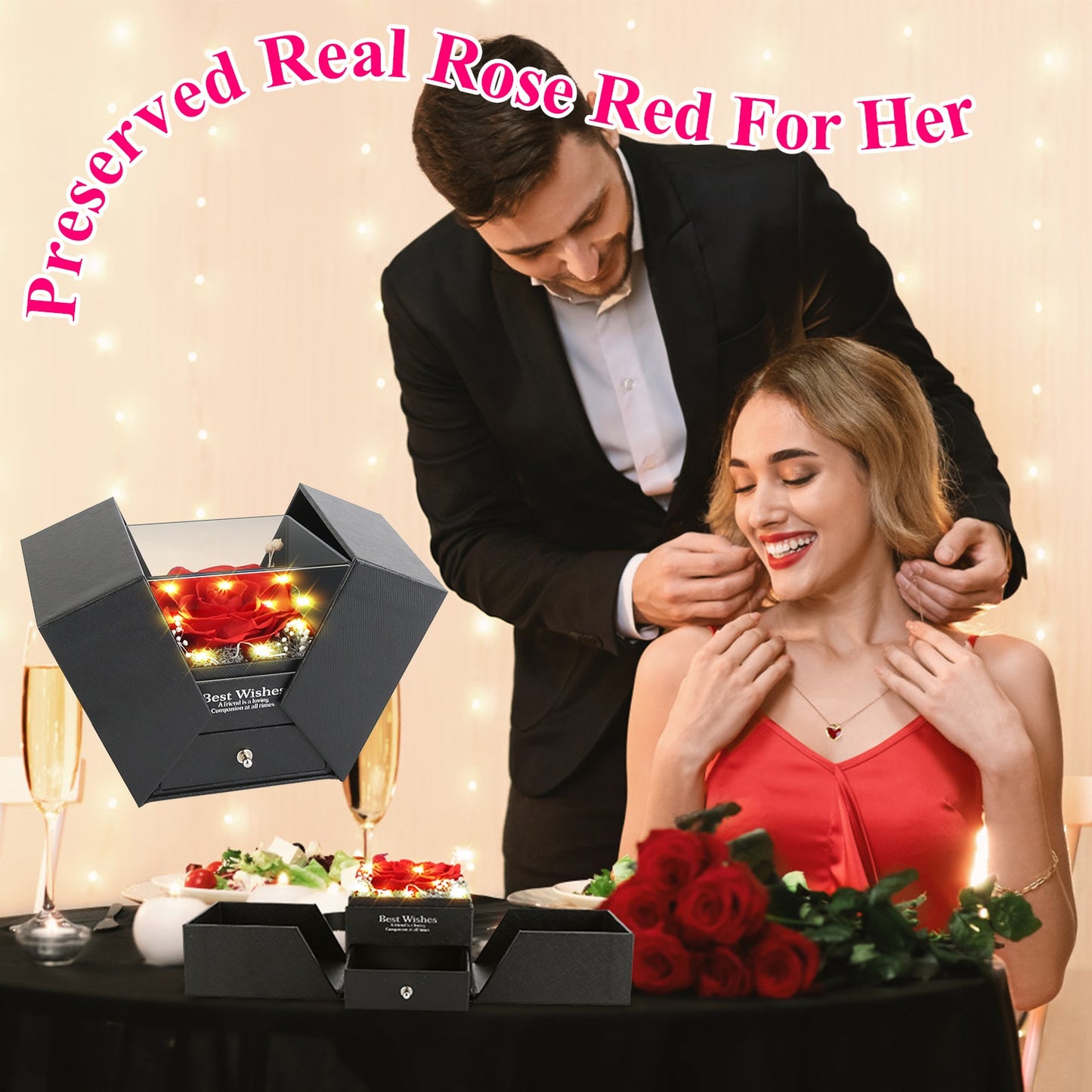 Preserved Red Real Rose With Heart Golden Necklace Eternal Flowers Rose