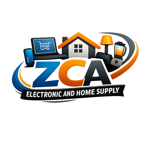Logo of ZCA Electronic and Home Supply with icons of electronic devices on a white background